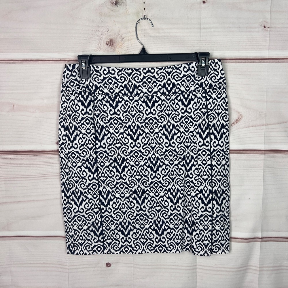 Margaret M Skirt Womens L Blue White Geometric Pencil Pull On Stretch Front Slit